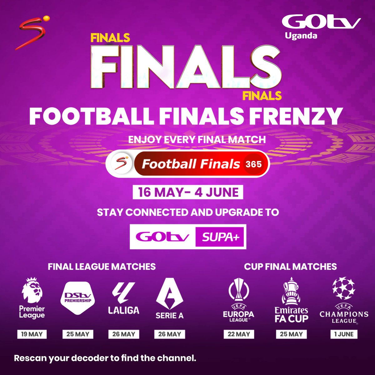Don't miss out on the Football Finals frenzy! Enjoy all the final league matches on a dedicated 𝐅𝐨𝐨𝐭𝐛𝐚𝐥𝐥 𝐅𝐢𝐧𝐚𝐥𝐬 𝐂𝐡𝐚𝐧𝐧𝐞𝐥 𝟑𝟔𝟓 Upgrade to GOtv Supa+ at UGX 110,000 using MyGOtvApp: mygotv.onelink.me/JpWQ/gg2 or USSD: *206# #GOtvFootballMadness #GOtvStream