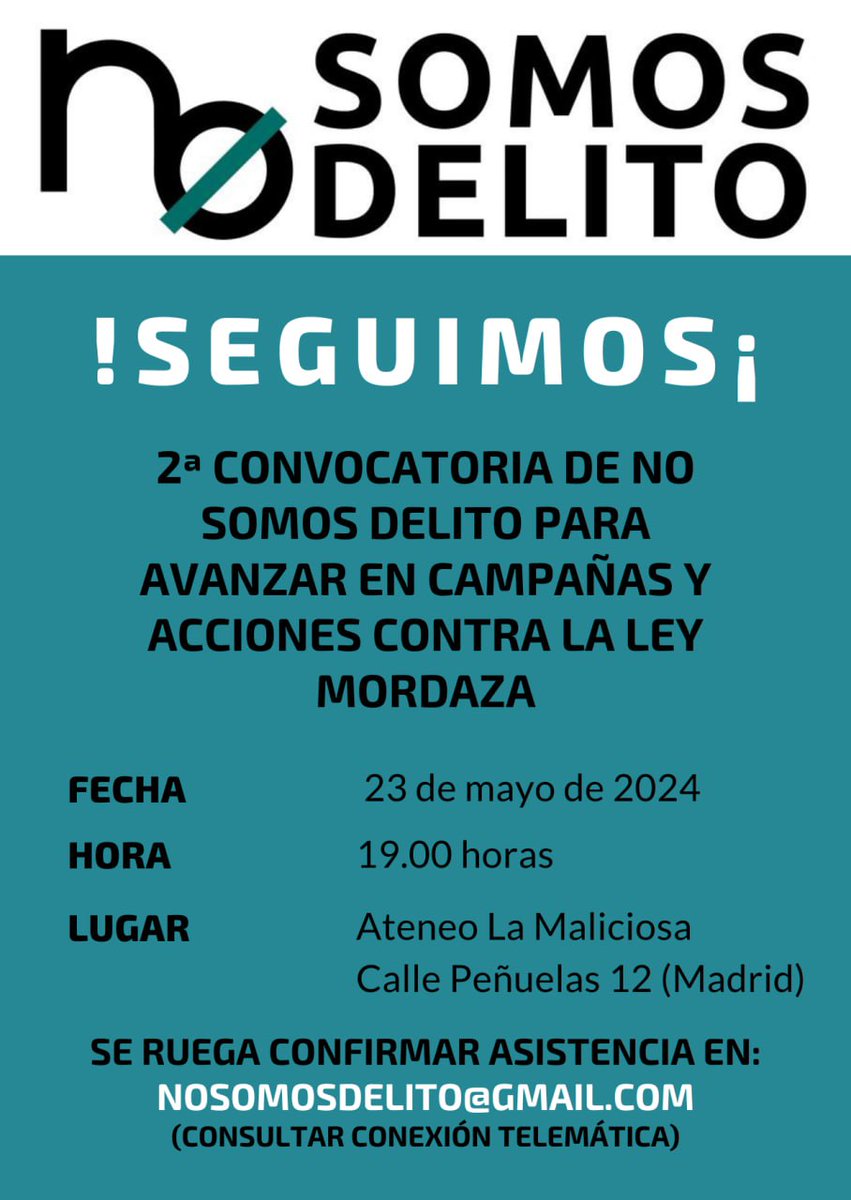 🔈Próxima asamblea para continuar el trabajo sobre 10 puntos contra de la #LeyMordaza.
🗓️23 de mayo de 2024
🕚 Hora: 19:00hs
📍 ¿Dónde? <a href="/AteneoMaliciosa/">La Maliciosa</a> (C/Peñuelas 12, Madrid)
📡También opción online.
📩 Confirmación en: nosomosdelito@gmail.com
¡Comparte!
#LíneasRojasLeyMordaza