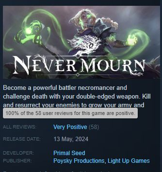 So our fledgeling title, Nevermourn just launched to a 100% very positive rating on steam.

It's humbling to see people rally around and support us in such a manner.

THIS is what game dev is about, creating and fostering a good community based on helping good teams make good