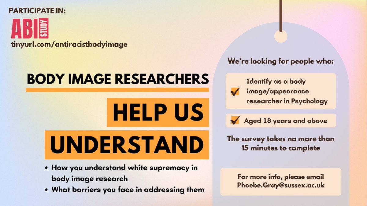 bodyimageracism's tweet image. 📢Call for appearance researchers📢

As part of the recent call in addressing white supremacy in body image (BI) research, we're conducting a study on researchers' understanding of white supremacy in BI research and the barriers they face in adopting antiracist practices

1/5