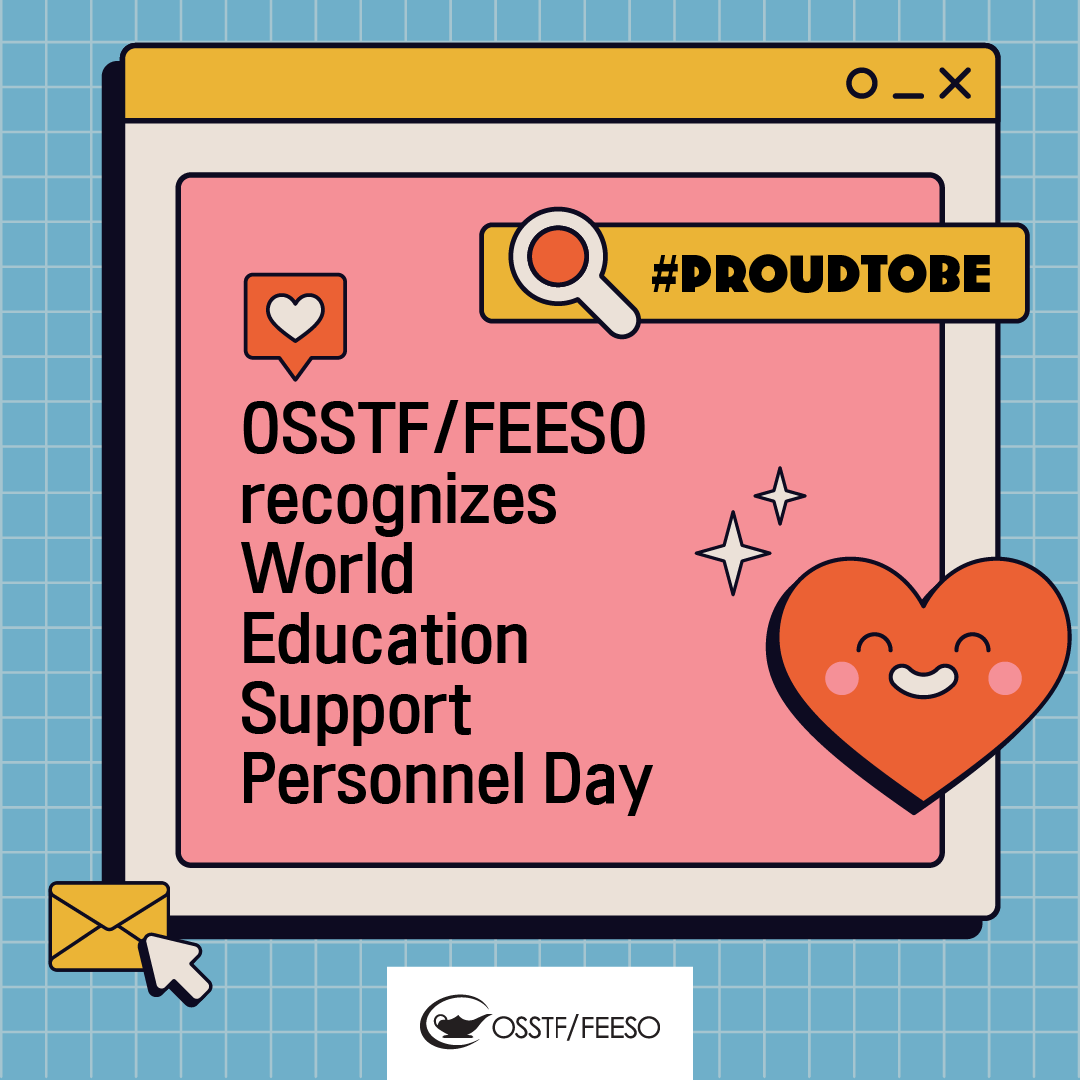 #OSSTF represents 230+ job classes. My local OSSTF bargaining unit represents more than 100 of those job classes. The wide range of workers in our Federation is our strength. D25 ESP members: Happy World Education Support Personnel Day!
