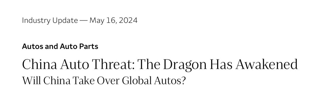 WELLS: “.. $TSLA is likely no longer the biggest disruptive threat to autos. Chinese manufacturing has historically disrupted industries like steel & solar & signs point to autos being next.” 👀