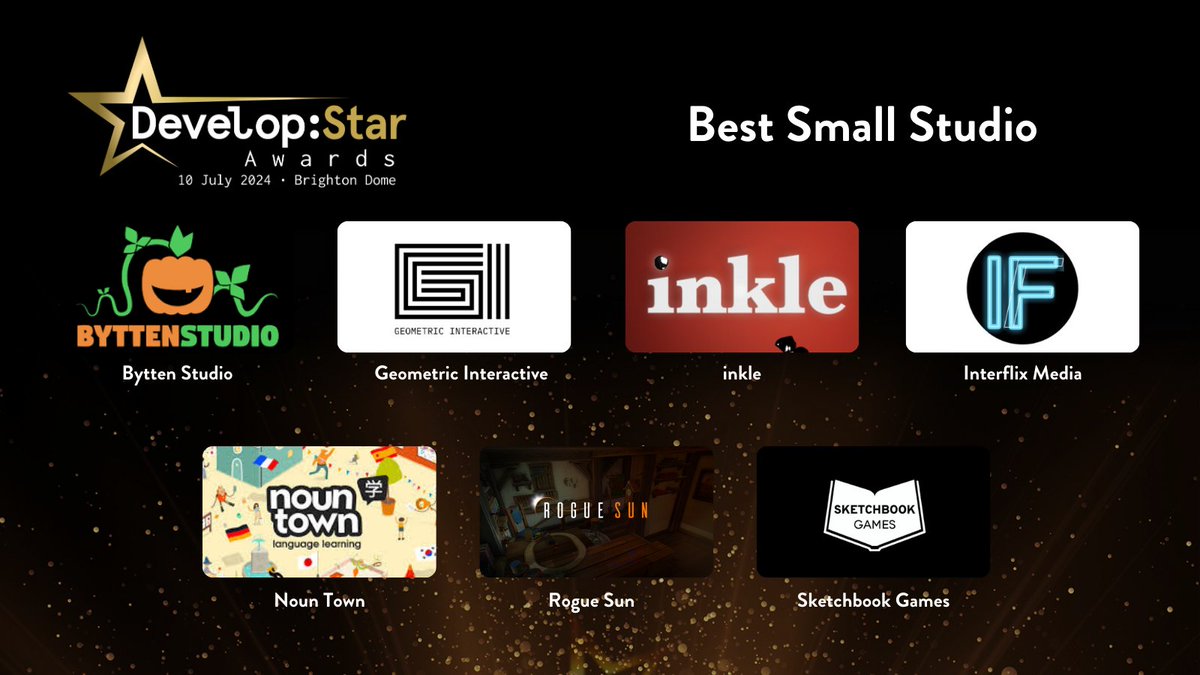 The Develop:Star Awards 2024 Best Small Studio finalists are...

⭐ <a href="/ByttenStudio/">CASSETTE BEASTS 📼 "Sunshine Update" available now</a>
⭐ <a href="/GeometricInt/">Geometric Interactive</a>
⭐ <a href="/inkleStudios/">inkle is EXPELLED!</a>
⭐ Interflix Media
⭐ Noun Town
⭐ <a href="/RogueSunGames/">Rogue Sun💖Tin Hearts is on #GAMEPASS💖</a>
⭐ <a href="/GamesSketchbook/">Sketchbook Games</a>

#DevelopStars #DevelopConf