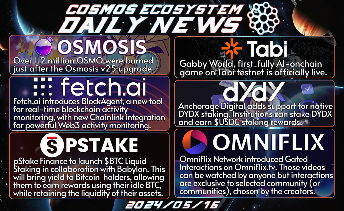 ✅Show your support with RT 🙌We keep spreading the word! $OSMO $FET $XPRT $TABI $DYDX $FLIX @osmosiszone @Fetch_ai @pStakeFinance @Tabichain @dYdX @OmniFlixNetwork