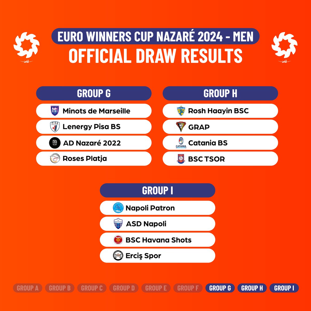 📣 Here are the 𝗢𝗙𝗙𝗜𝗖𝗜𝗔𝗟 𝗚𝗥𝗢𝗨𝗣𝗦 for the Euro Winners Cup Nazaré 2024 🏆 𝗖𝗔𝗧𝗖𝗛 𝗔𝗟𝗟 𝗧𝗛𝗘 𝗔𝗖𝗧𝗜𝗢𝗡 from the Euro Winners Cup 𝗟𝗜𝗩𝗘 𝗙𝗢𝗥 𝗙𝗥𝗘𝗘 on beachsoccertv.com 📺👀 #BeachSoccer #EWC2024 #Nazaré