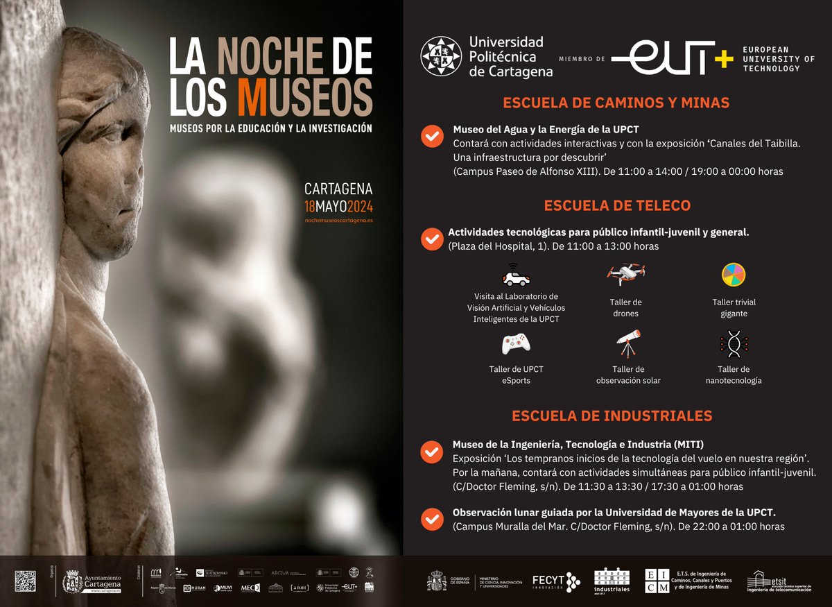 🌕 Este sábado se celebra #LaNochedelosMuseos 💫 🔵 Toma nota de las actividades que te proponemos desde la @UPCToficial: 💧 Museo del Agua y la Energía ⚙️ Museo de la Ingeniería, Tecnología e Industria 🎮 Talleres en @ETSIT_UPCT 🔭 Observación lunar 🔗 bit.ly/4ai1zR6