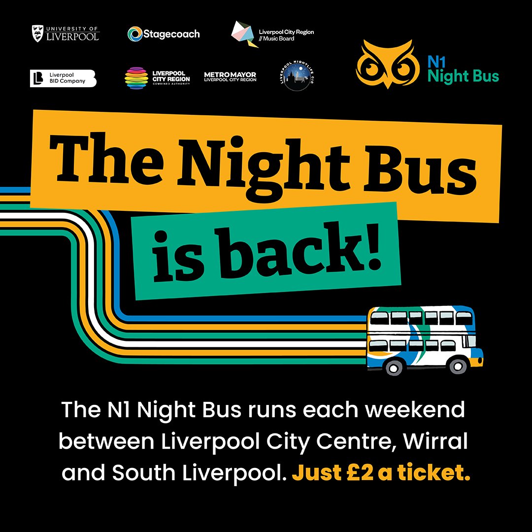 MERSEYSIDE NIGHT BUS // The N1 Night Bus runs each weekend between midnight and 5am - for just £2. 🚍 The @StagecoachMCSL service bridges Liverpool City, Wirral and South Liverpool. Stops include: Birkenhead Bus Station, Liverpool One, Hardman St, Smithdown Rd and Allerton Rd.