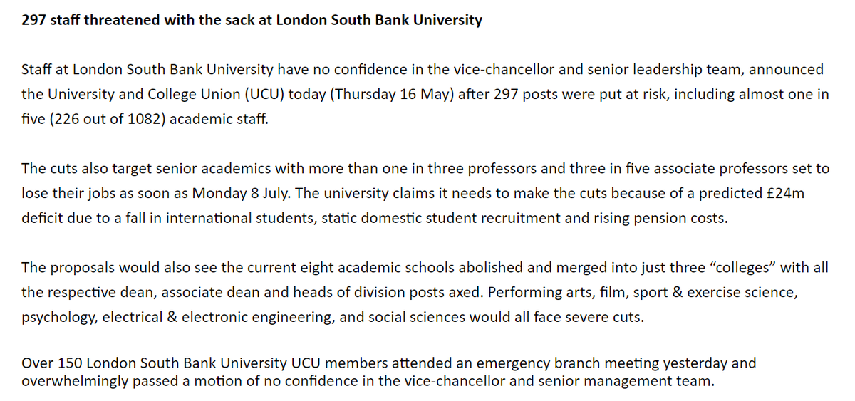 Another day in Uni sector. South Bank Uni, per @ucu, announces 297 jobs at risk, including senior staff. This is a Uni that serves some of least advantaged in UK. How is 'good' that these places are being decimated by deliberate @RishiSunak @RobertJenrick policy? Beats me.