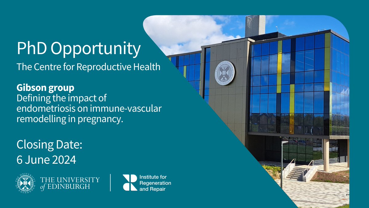The @douglasagibson lab @EdinUni_CRH has a fantastic PhD scholarship available, commencing this autumn. Work with an inspiring group of #scientists @EdinUni_IRR on the #impact of #endometriosis in #pregnancy, receiving cross-disciplinary #training. Read more here➡️ #womenshealth
