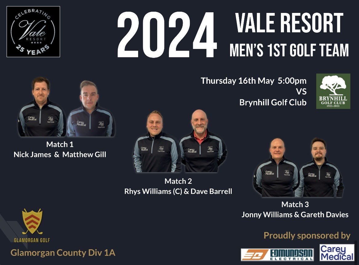ValeResortGolf's tweet photo. Tonight’s line up as our 1st team face @brynhill_golfclub away Tee off 5pm
Good luck to @nickjames8815 @gill3559 @rhyswilz @davebarrell1 @jonboywill @gareth.davies.10
#glamorgangolf #teammatch #valeresort #valeresortgolf https://t.co/B8opg69sZq