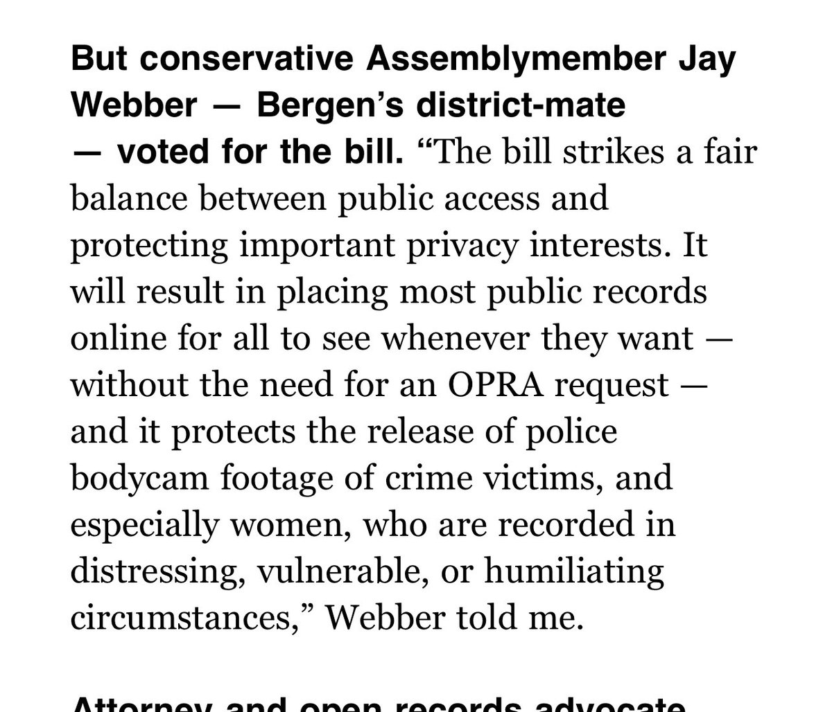 From Politico. Can reporters please call Bucco, Weber, etc and ask them for links to BWC videos showing women’s “intimate parts” as they keep claiming and used to justify gutting the entire OPRA? I find it very hard to believe a PD would release nudity - they shield everything