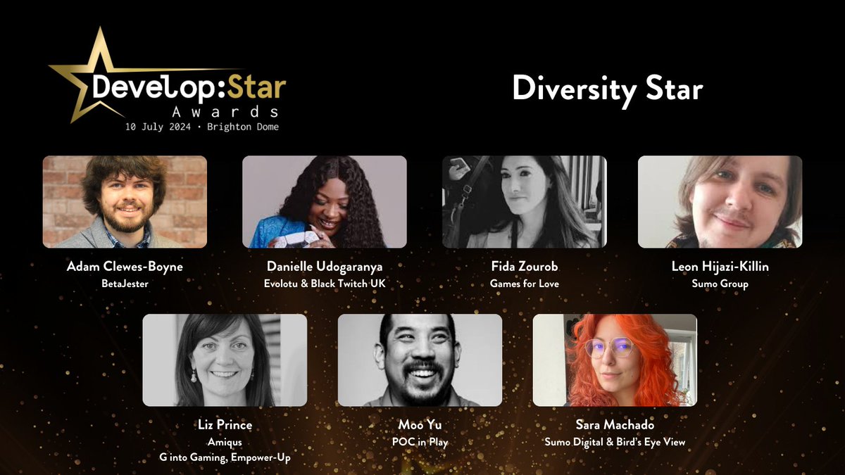 The Develop:Star Awards 2024 Diversity Star finalists are... ⭐ @adamb1234 ⭐ @Ebonix ⭐ Fida Zourob ⭐ @leonkillin ⭐ @LizPrince ⭐ @oneofmoo ⭐ @SCMachado_UK #DevelopStars #DevelopConf