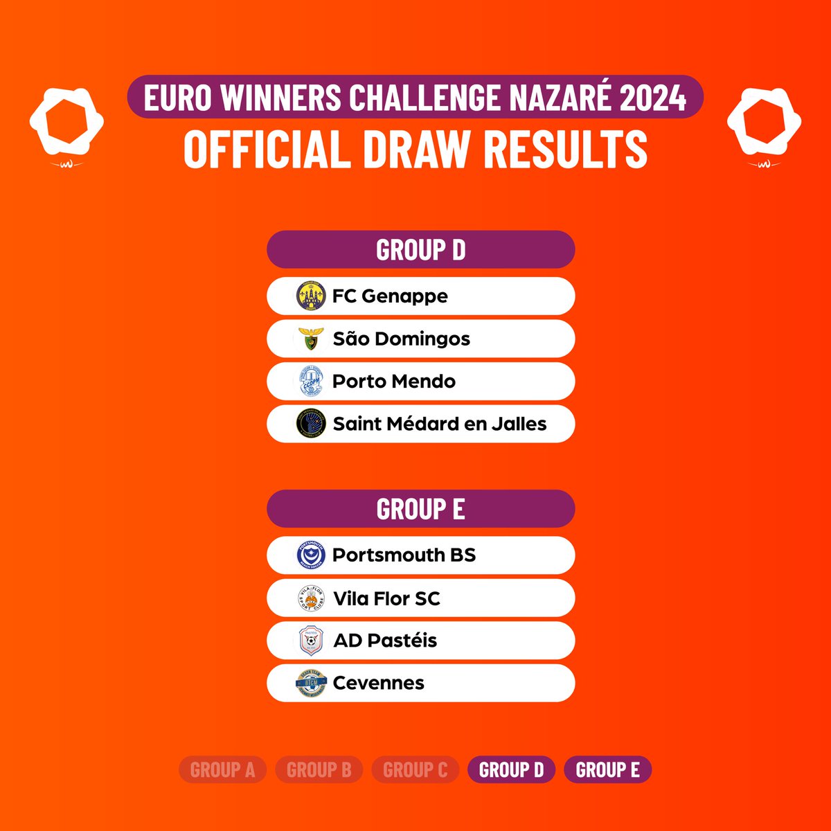 📣 Here are the 𝗢𝗙𝗙𝗜𝗖𝗜𝗔𝗟 𝗚𝗥𝗢𝗨𝗣𝗦 for the Euro Winners Challenge Nazaré 2024 🏆 𝗖𝗔𝗧𝗖𝗛 𝗔𝗟𝗟 𝗧𝗛𝗘 𝗔𝗖𝗧𝗜𝗢𝗡 from the Euro Winners Challenge 𝗟𝗜𝗩𝗘 𝗙𝗢𝗥 𝗙𝗥𝗘𝗘 on beachsoccertv.com 📺👀 #BeachSoccer #EWC2024 #Nazaré