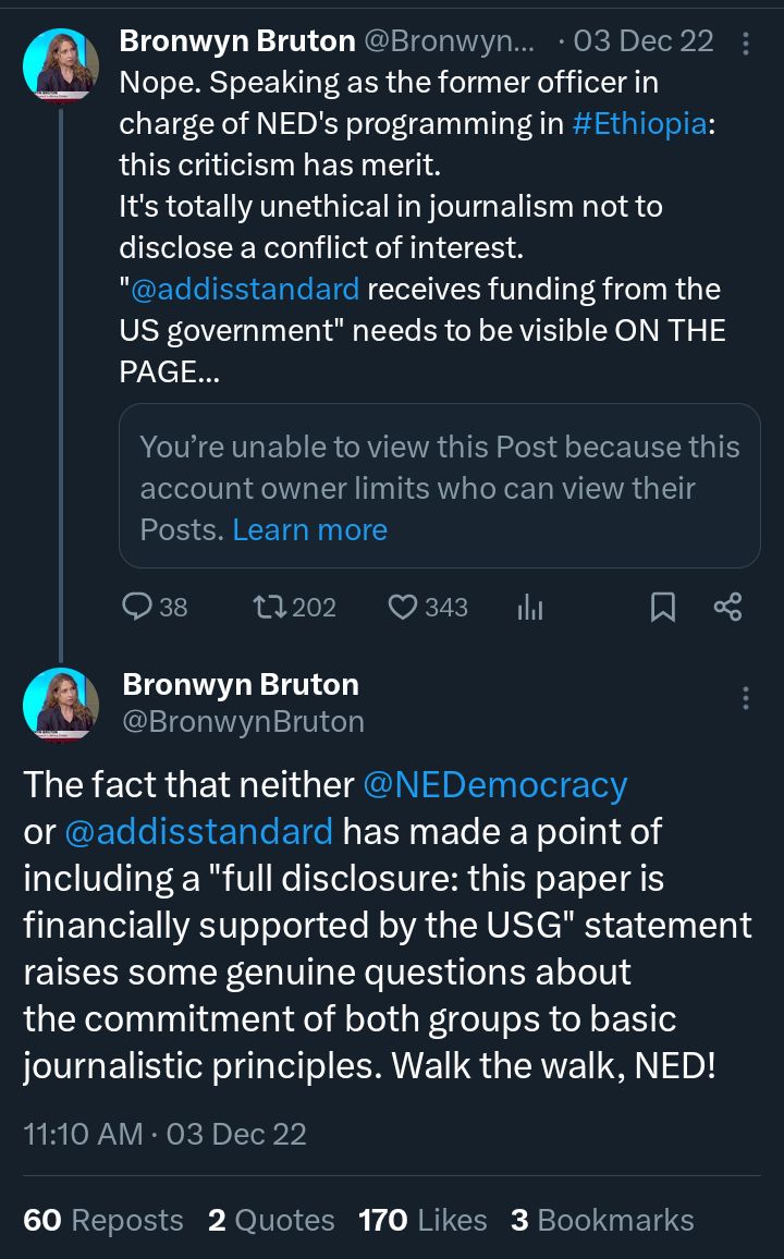 The US agency, National Endowment for Democracy (NED), @NEDemocracy, was created in 1983 to replace covert CIA operations overtly under cover as an #NGO. How much funding @addisstandard has received from NED since its inception in 2011 is not fully known.
williamblum.org/chapters/rogue…