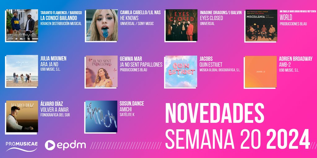 ¡Tenemos por delante otro día con las novedades más top protagonizadas por: <a href="/FlamencoTaranto/">Taranto flamenco</a>, <a href="/Camila_Cabello/">camila</a>, <a href="/Imaginedragons/">Imagine Dragons</a>, <a href="/ainatramullas/">aina</a>, @juuls98, <a href="/GemmaMAr_/">Gemma MAr</a>, <a href="/__JACOBS/">Jacobs</a>, @adrienbroadway_, <a href="/alvarodiazsc/">Álvaro Díaz</a> y #Sosundance! ¡Descúbrelas en ➡️ elportaldemusica.es!   🎧🎶
