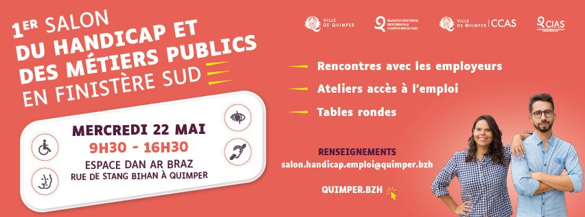 📢La ville de Quimper et Quimper Bretagne Occidentale, en partenariat avec Cap emploi 29 et leFIPHFP organisent le premier salon du handicap et des métiers de la Fonction publique en Finistère sud
👉mercredi 22 mai 2024 à l’espace Dan ar Braz à Quimper.