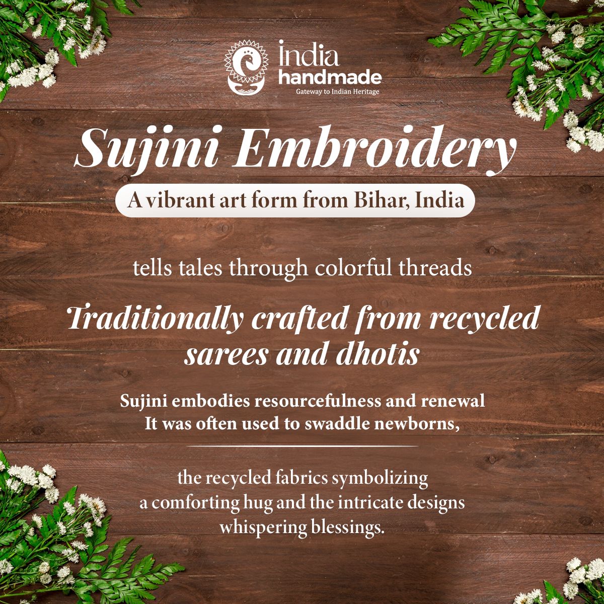 #sujiniembroidery is a meditative practice that promotes focus & well-being. It is traditionally made by women in #Bihar, & features natural motifs. Would you rather wear a Sujani masterpiece or have your home decorated with it?Comment below. #VocalforLocal #Indiahandmade #Sujani