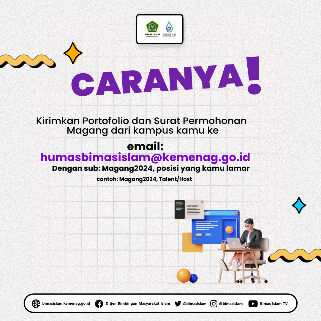 'INTERNSHIP OPPORTUNIY' Kabar gembira! Ditjen Bimas Islam, Kemenag RI membuka kesempatan magang posisi 'Talent dan Graphic Designer' untuk kamu mahasiswa semua jurusan! Pendaftaran dibuka hingga tanggal 31 Mei 2024! #kemenag #BimasIslam #sahabatreligi #TemanBimasIslam👋👋