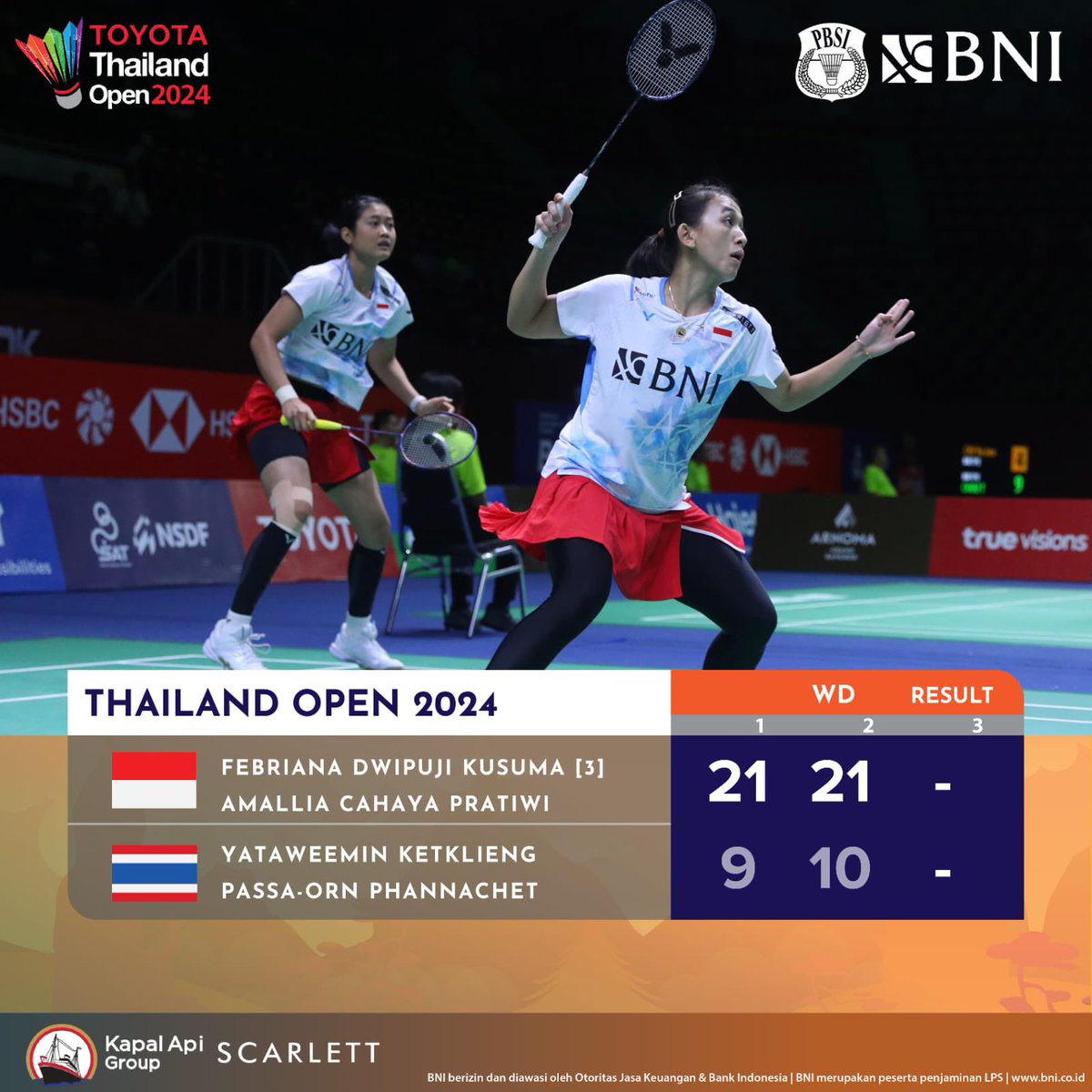 Tampil apik, Febriana/Amalia melaju ke 8 besar usai mengalahkan pasangan asal Thailand Yataweemin/Passalewat laga dua gim.

Selamat Febriana/Amalia, jaga konsistensi!💯🔥🇮🇩

#ThailandOpen2024
#KitaIndonesia
#BadmintonIndonesia #MenjagaMerahPutih  #BNIGlobalReachIndonesianPride