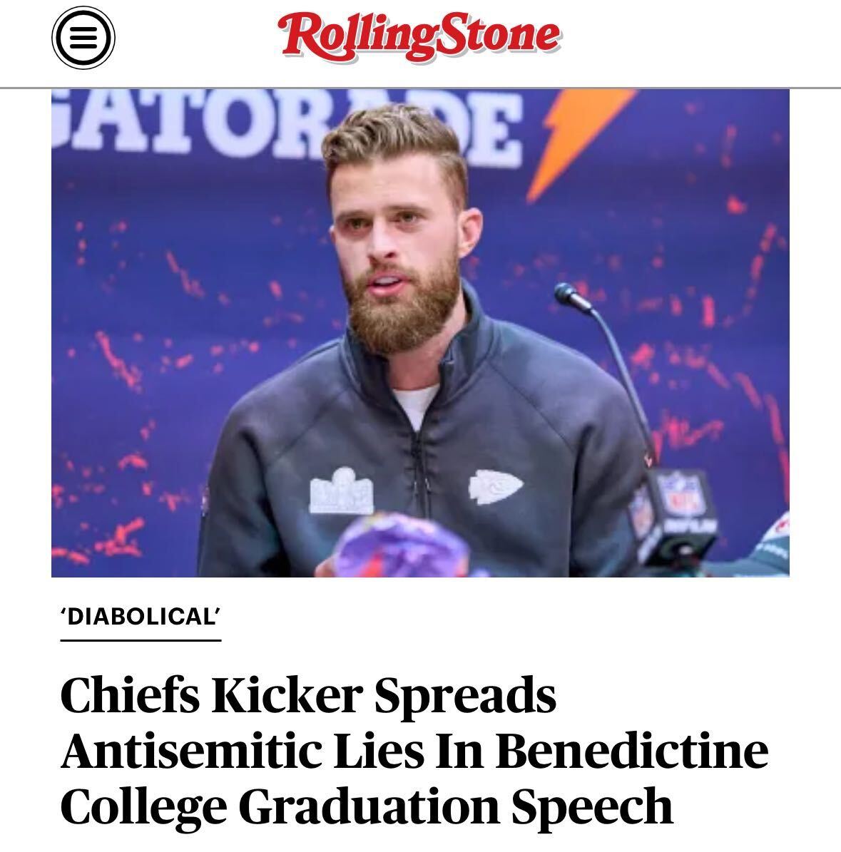 Chiefs kicker claimed Congress “passed a bill where stating something as basic as the Biblical teaching of who killed Jesus could land you in jail.”

They did not.

Watch: rollingstone.com/politics/polit…