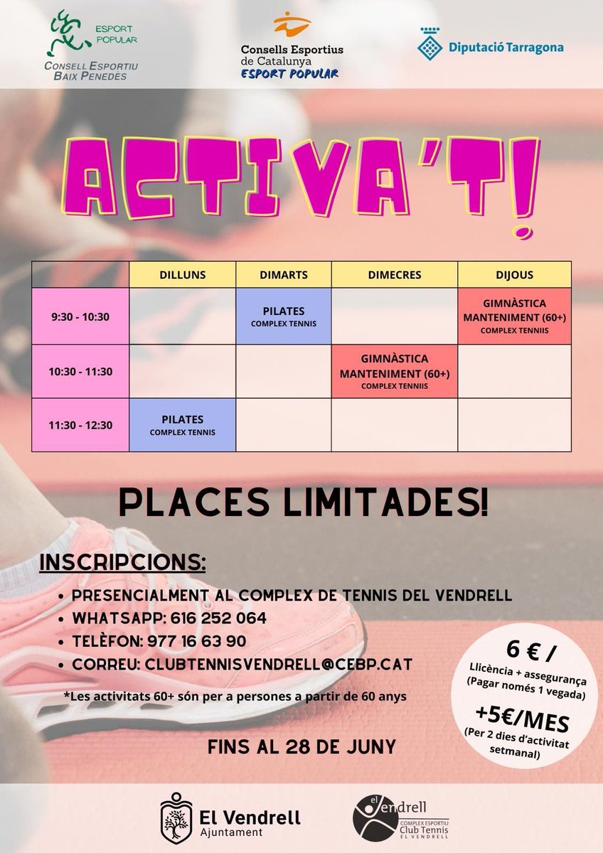 CE Baix Penedès (@cesportiubp) on Twitter photo Pilates i gimnàstica de manteniment‼️
Tirem endavant, de la mà de <a href="/vendrellesports/">El Vendrell ESPORTS</a> un nou programa dirigit a la gent gran.
Som-hi✨🤸🏻♀️🤸♂️🤸🏼 Pilates i gimnàstica de manteniment‼️
Tirem endavant, de la mà de <a href="/vendrellesports/">El Vendrell ESPORTS</a> un nou programa dirigit a la gent gran.
Som-hi✨🤸🏻♀️🤸♂️🤸🏼