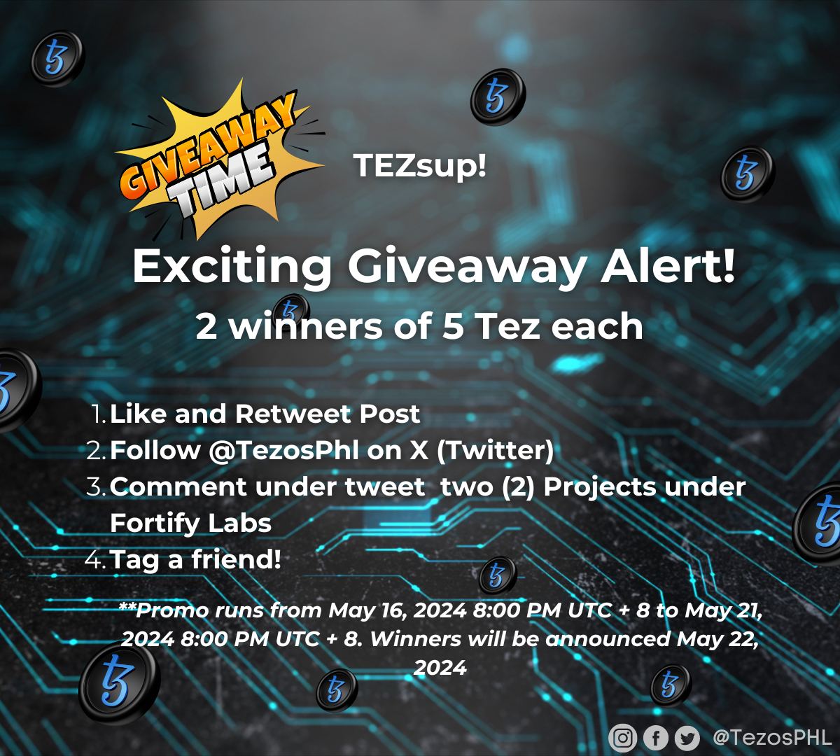 🎉Tezsup!

 🎉 Exciting #Giveaway Alert! 
🎁2winners of 5 Tez each 

1. Like and Retweet Post
2. Follow @TezosPhl 
3. Comment under tweet  two (2) Projects under Fortify Labs
4. Tag a friend! 

➡️Know the projects under Fortify Labs: bit.ly/fortify-projec…

#Tezos