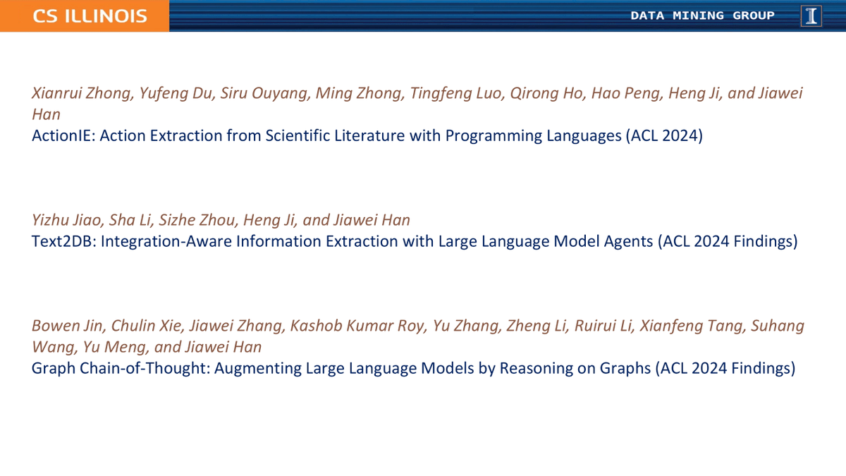 Our group has 3 papers (1 main + 2 findings) accepted to #ACL2024, led by @XianruiZhong, @Yizhu_Jiao, and @BowenJin13, respectively. See you in Bangkok! @emnlpmeeting