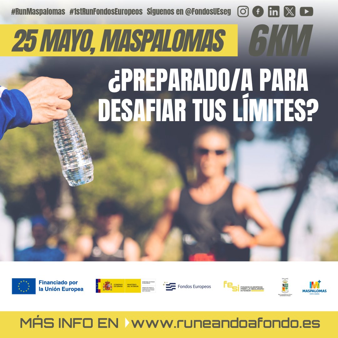 💙 Celebramos 💛Europa 💙 🌟 Únete a la carrera 'Runeando a fondo con los Fondos Europeos' y descubre hasta dónde puedes llegar. ¡Inscríbete y demuestra tu resistencia! 💪 🏃 👉runeandoafondo.es #RunMaspalomas #1stRunFondosEuropeos #diadeeuropa