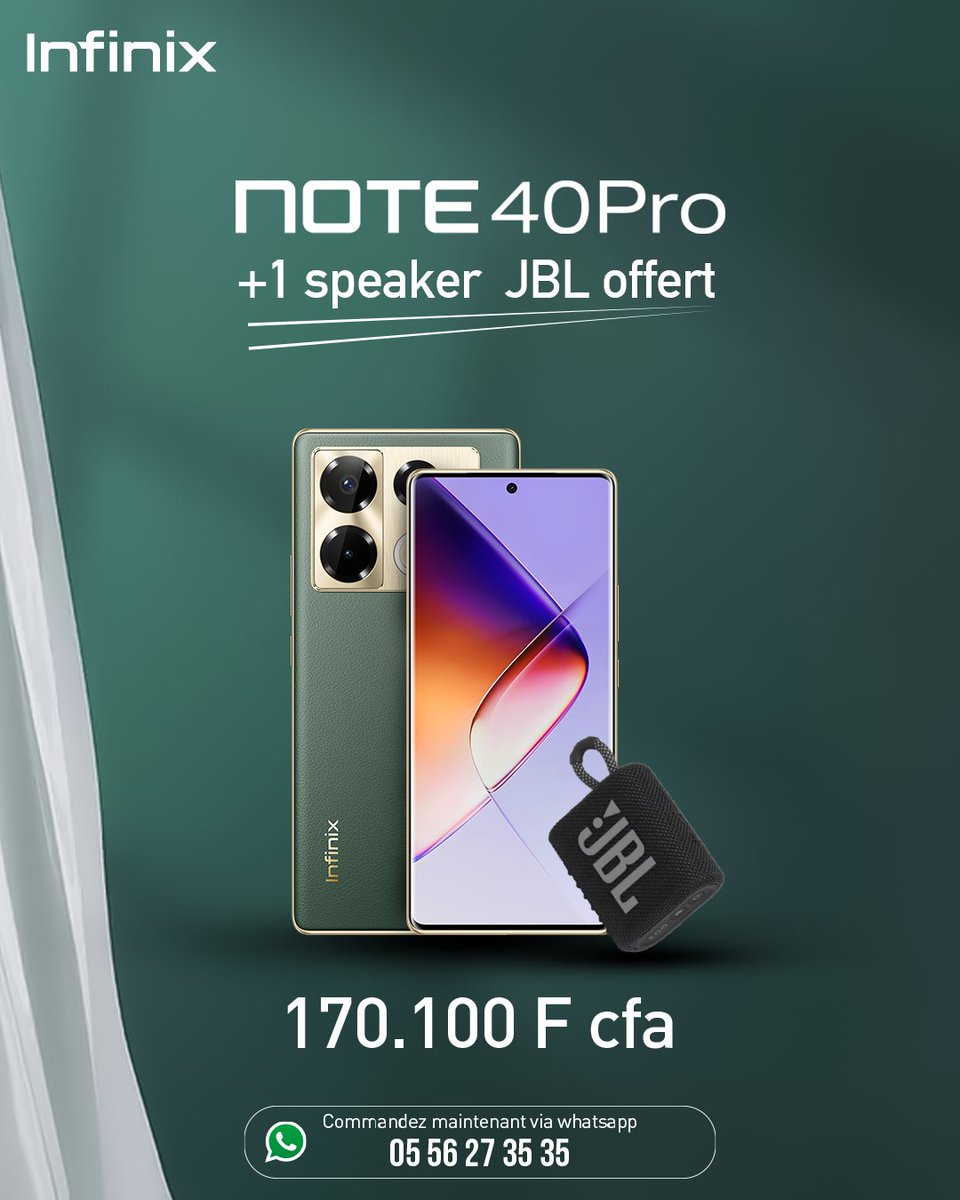 Pour tout achat du #NOTE40PRO sur notre boutique WhatsApp et reçoit un speaker JBL gratuitement en plus de la livraison gratuite (Abidjan).
Envoie-nous un message dès maintenant pour profiter de cette offre exclusive en cliquant sur ce lien : wa.me/c/22556273535
#Infinix