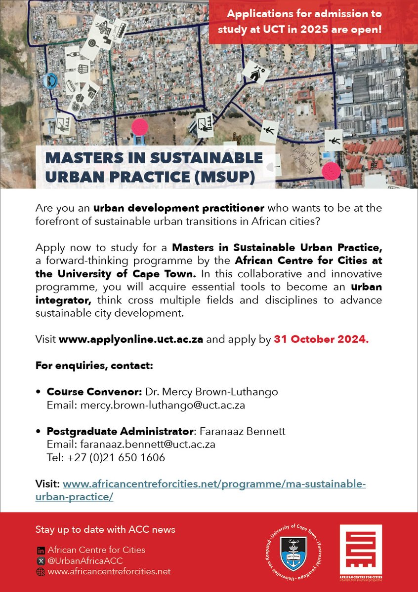 STUDY WITH THE ACC IN 2025 Did you know that we also offer two Masters programmes at the ACC? The MA in Sustainable Urban Practice and MPhil Southern Urbanism are geared at practitioners and scholars with an interest in the urbanisation trajectory in Africa and the global south