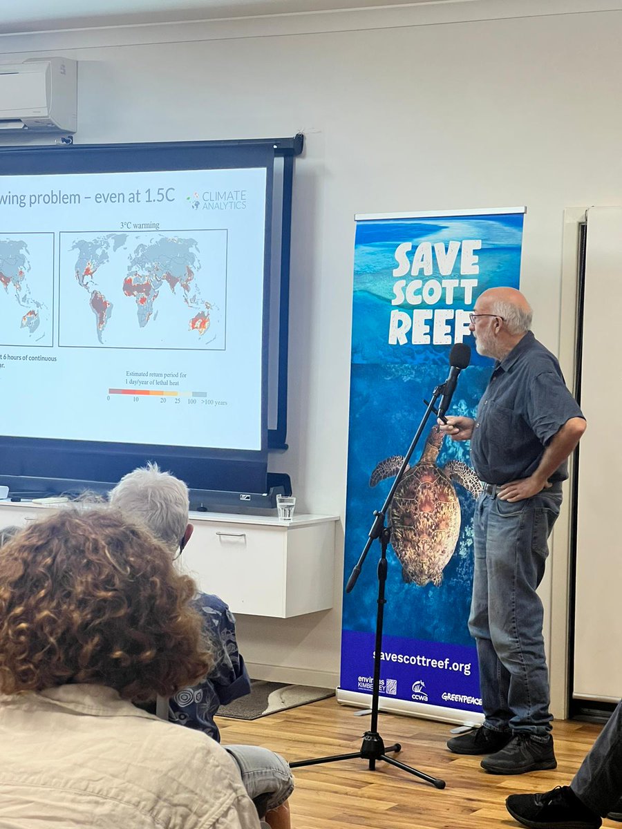 'it's getting pretty hot out there... we expect the number of days over 40 degrees across the northern land surface [of Australia] to increase quite rapidly.' - Climate Scientist Bill Hare talking about the impacts of climate chaos at the #savescottreef event in #Broome tonight