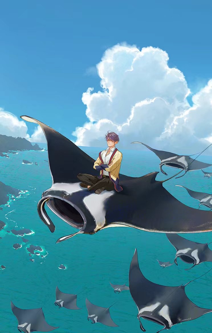 #恋与深空 #祁煜 #LoveandDeepspace 恐高的海神大人身后跟着一群蝠鲼

（好久没登陆了。最近在玩恋与深空，最喜欢深海成诺这张卡，祁煜那句“是不是还骑着海怪踏着浪，身后跟着一群鲨鱼和蝠鲼？”终于有画面了，于是画了下来）