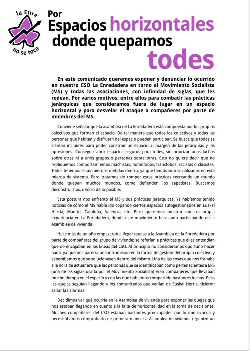 La_Enre's tweet photo. En este comunicado queremos exponer y denunciar lo ocurrido en nuestro CSO en torno al Movimiento Socialista y todas las asociaciones, con
infinidad de siglas, que les rodean. Por varios motivos, entre ellos para combatir las
prácticas jerárquicas que consideramos fuera de lugar. https://t.co/qC8ZiuUsj0