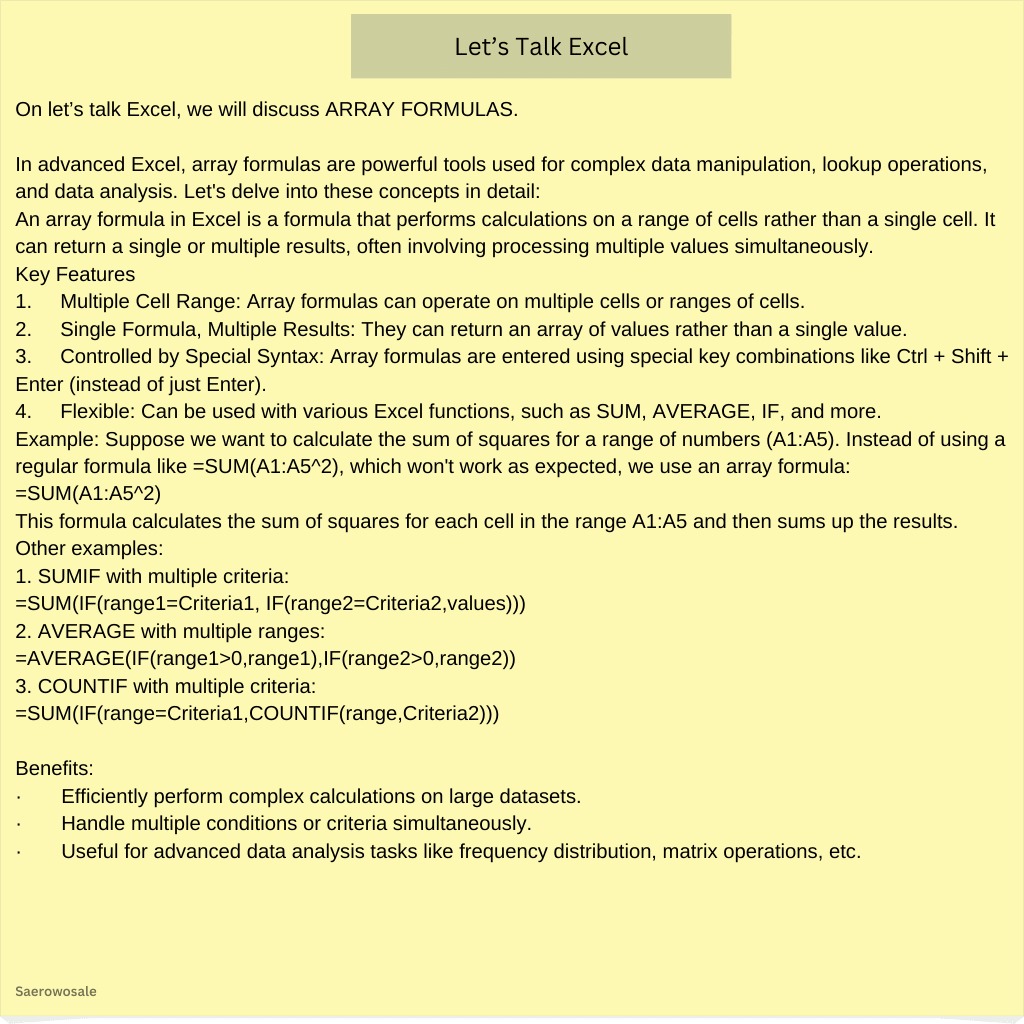 In let's talk excel we will be discussing Array formulas.  Find the flyer below.