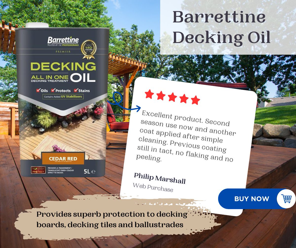 𝐈𝐧 𝐒𝐭𝐨𝐜𝐤 - 𝐁𝐮𝐲 𝐓𝐨𝐝𝐚𝐲: palatinepaints.co.uk/product/barret… Barrettine Decking Oil All-In-One-Treatment is specially formulated for use on pressure-treated and preservative-impregnated timber decking and other outdoor structures, available in clear or colours.