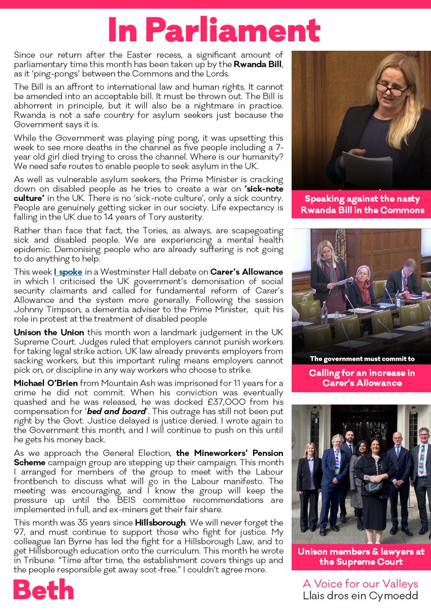 Every month, I produce a newsletter to keep constituents up to date on my work in #CynonValley and in Parliament. You can read the newsletter here, or get in touch and I can send one to you either by email or in the post: bethwinter.wales/wp-content/upl…