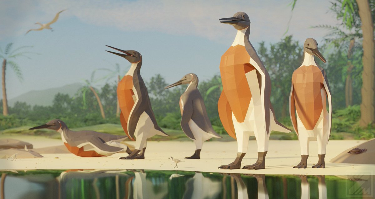 A costal colony of Inkayaku paracasensis,  gigantic (human-sized) early penguins 🐧from the eocene of Peru 🇵🇪  with distinct colouration. 

Reconstruction based off a  beautiful skeletal  by  the talented Daniella Barrera Guevara (@barrerasaurus) that I commisoned

#lowpoly