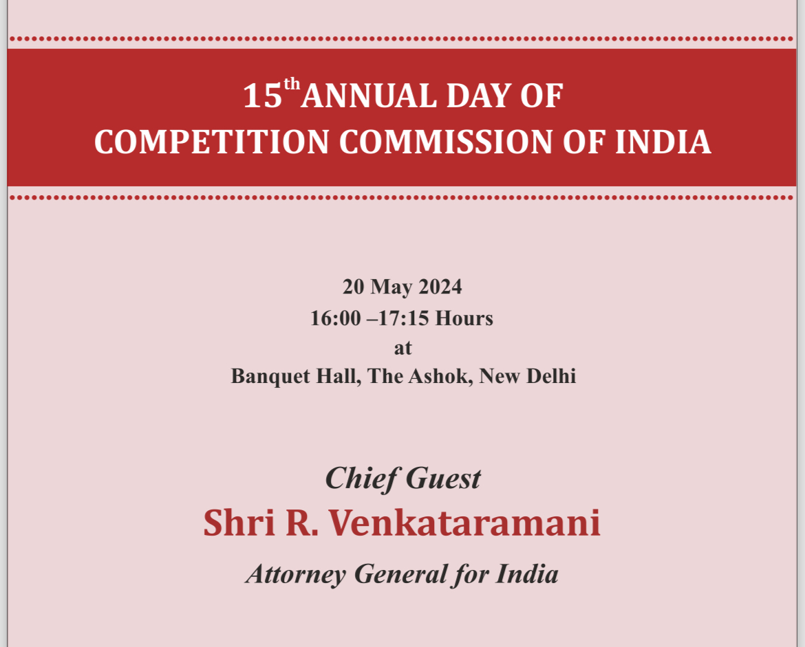 CCI is celebrating its 15th Annual Day at The Ashok, New Delhi, on 20th May 2024. Sh. R. Venkataramani, Hon’ble Attorney General for India, will be gracing the occasion as the Chief Guest. Registrations through ‘Invite Only’. #CCI #15thAnnualDay #CCIAnnualDay #AnnualDay2024