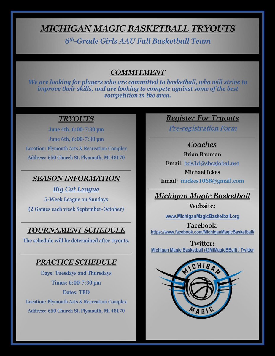 MiMagicBBall's tweet photo. Yesss!! The Fall tryouts are fast approaching for incoming 6th grade girls.  Come tryout and be a part of something Great.  The flyer below has all the info needed.  Can't wait to see you there. @MiMagicBBall https://t.co/iTD4pOcQyb