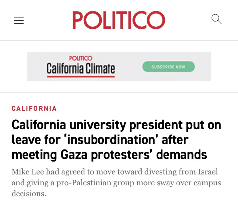California State University placed Sonoma State President Mike Lee on leave after he agreed to protesters’ demands to divest from Israel, institute academic boycott of Israel, and to involve students in decision making In an unprecedented move he’s now on forced leave. Mask off.