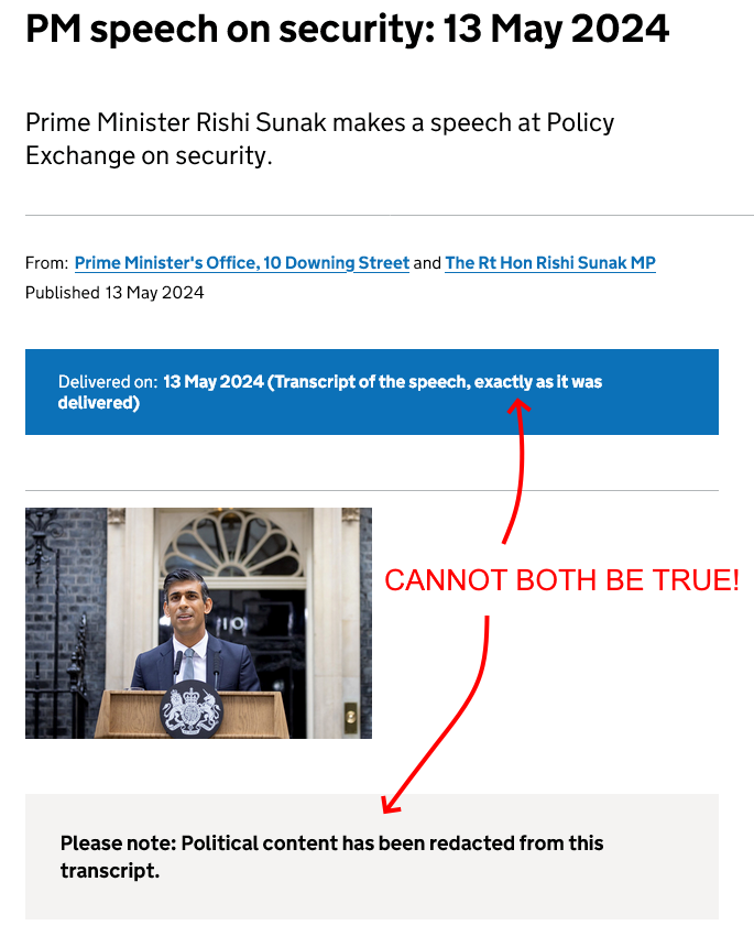 🧵Anatomy of a Tory political cover-up On 13 May, Rishi Sunak gave a v long, important speech about Britain's security to a Policy Exchange audience. It was broadcast live on the news channels, and widely reported. And yet the official historic record has been changed... 1/10