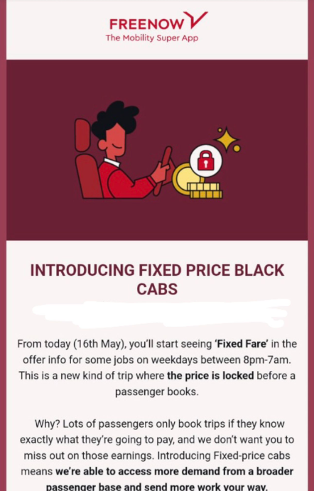 Only way @FreeNow_UK can do this is to charge LESS than the metered fare. Great for consumers but terrible for worker rights of black cab drivers. The metered fare, set by @TfLTPH, is calculated to return an industrial wage. FN are determined to drive taxi drivers into poverty.