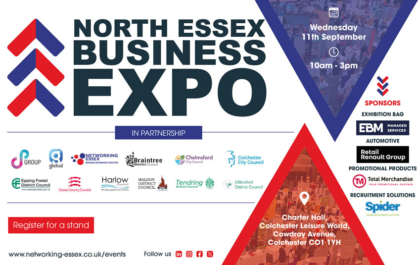 A huge business expo is coming to North Essex Showcase your business to over 1000 visitors and join almost 200 businesses in celebrating the variety of enterprises and organisations in North Essex. Wed 11 Sept, 10am-3pm, Charter Hall, Colchester, CO1 1YH ow.ly/1uVt50RI4EC