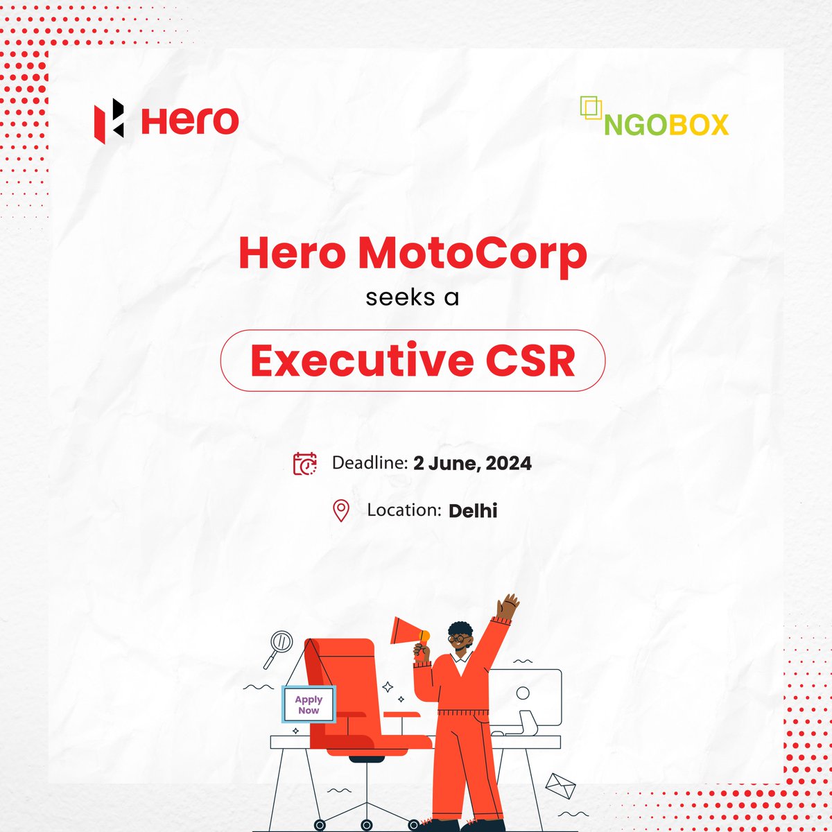 🌟 Join the team at @HeroMotoCorp as an Executive CSR! Are you an Engineering graduate or hold qualifications/experience in social work? Or perhaps you have a Doctorate/Post Graduation in Social Work or a relevant field? This could be your opportunity! ngobox.org/job-detail_Exe…