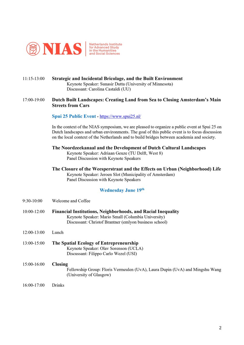 Thrilled to finalize this exciting program for our <a href="/NIAS_KNAW/">Netherlands Institute for Advanced Study</a> symposium on The Spatial Segregation of Neighborhood Organizations and Entrepreneurs, June 17th-19th in Amsterdam. Deadline for registration (online or in person): June 3rd.  nias.knaw.nl/events/connect…
