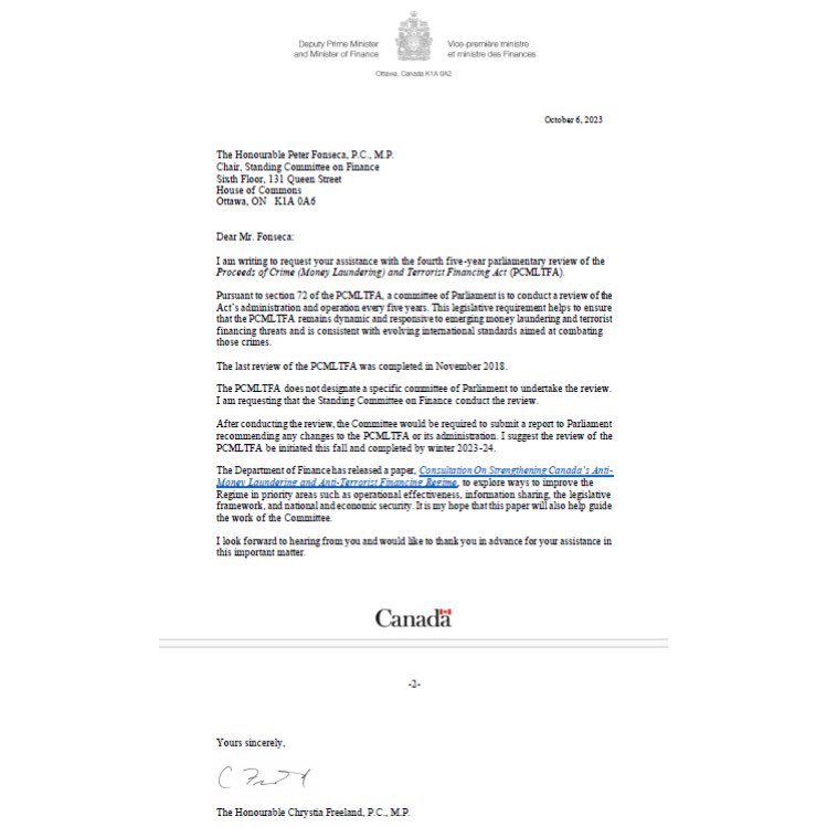 BREAKING NEWS Freeland wrote the Finance Committee in October asking for a review of money laundering legislation. Liberals blocked it. Since then, 3 Canadian banks have been fined for money laundering breaches and TD is under investigation by the US for laundering drug money.