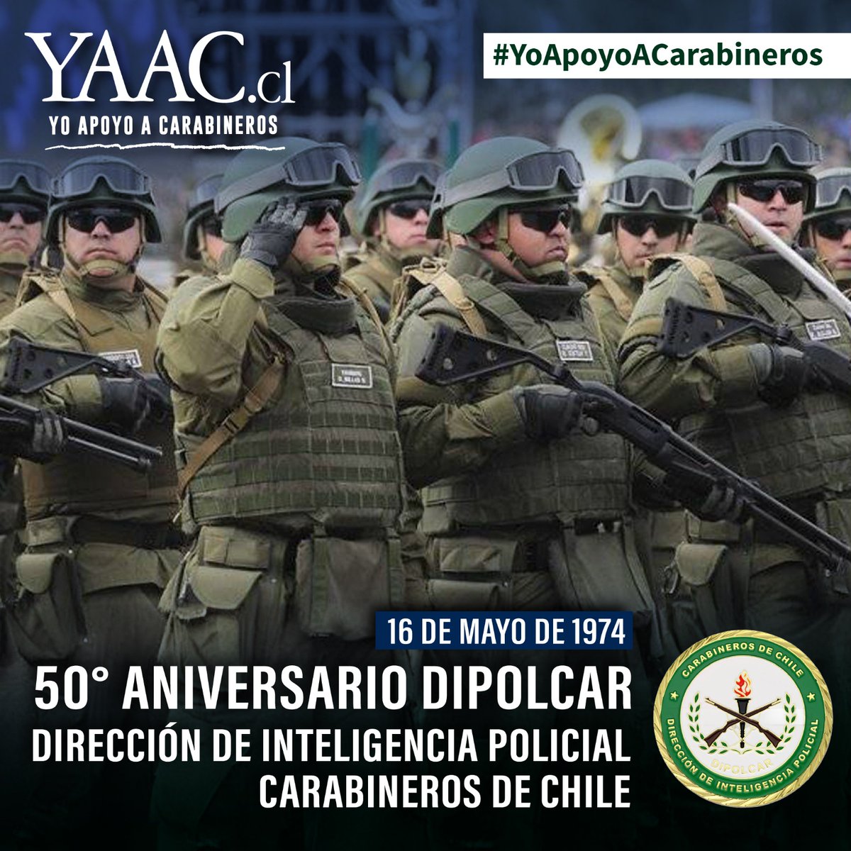 Saludamos en su aniversario al Departamento de Inteligencia Policial de Carabineros de Chile (DIPOLCAR), responsables de preparar tácticas ante escenarios peligrosos y proporcionar protección a distintas autoridades. ¡Felicitaciones! #YoApoyoACarabineros