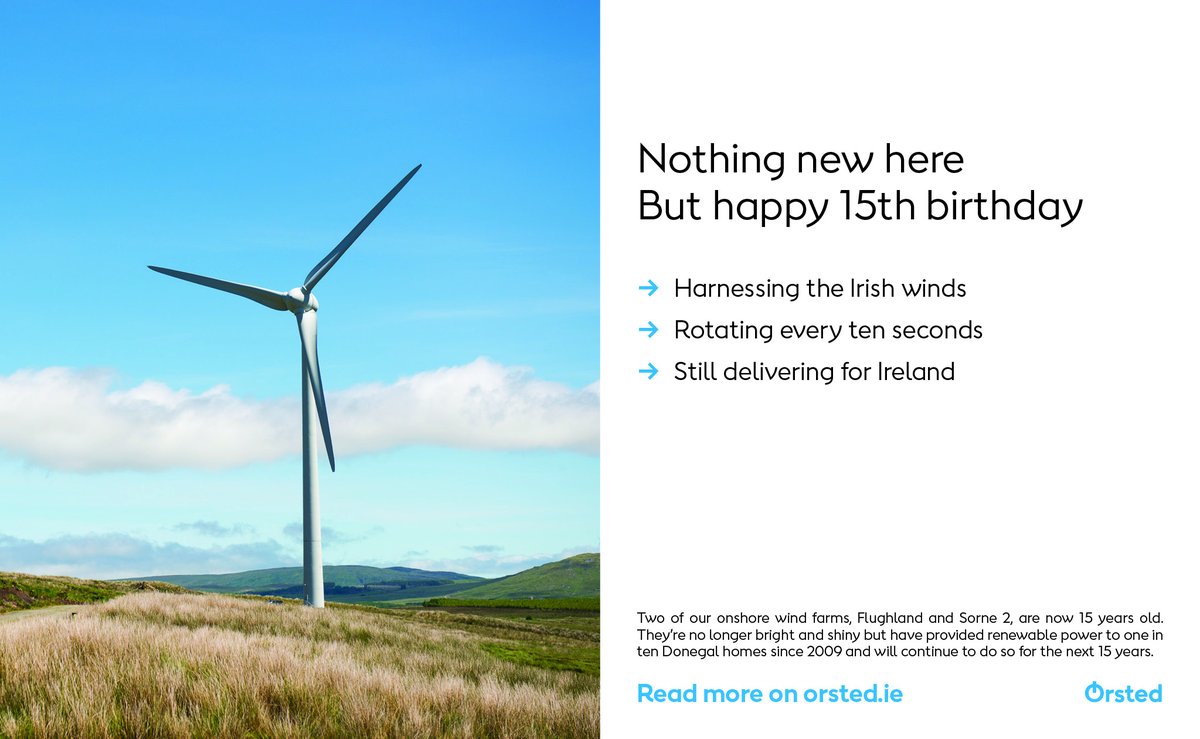 Happy 15th Birthday! 🎂Two of our Irish onshore wind farms, Flughland and Sorne 2 are now 15 years old. They've provided renewable power to 1 in 10 Donegal homes since 2009 🎉 here's to 15+ more years of secure, green energy, powered by Irish winds! 🍀 orsted.ie