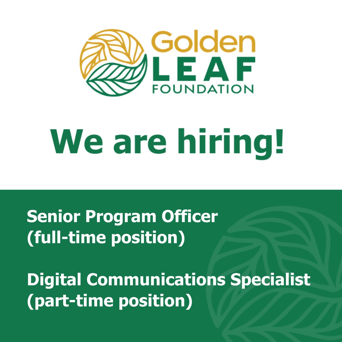 RT: Exciting opportunities at Golden LEAF! We're on the lookout for talented individuals to join our team -- Senior Program Officer & Digital Communications Specialist. Find out more about the roles & how to apply on our website. #careeropportunity #hiring goldenleaf.org/about/job-oppo…