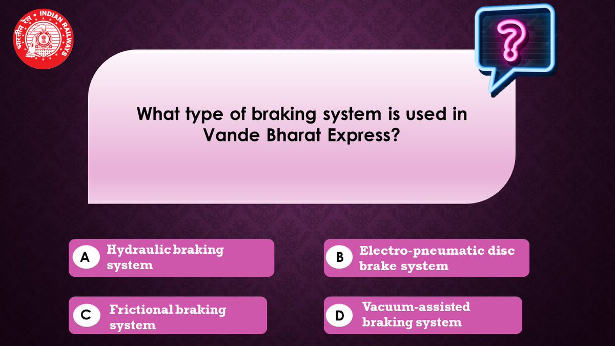 Are you ready to flex your brain muscles ! Can you name the type of braking system used in Vande Bharat Express🔎🚄 Drop your answer in the comments below❗️ #SWRQuizMania #QuizTime